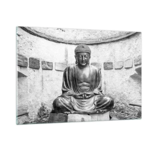 Glasbild - Bild auf glas - Schwarz-weiße Buddha-Statue in meditativer Pose - 120x80cm - An der Quelle des Friedens - Moderne Wanddekoration für Wohnzimmer und Schlafzimmer ARTTOR