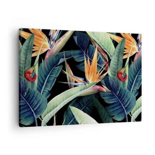 Bild auf Leinwand - Leinwandbild - Tropische Blumen und Blätter auf schwarzem Hintergrund - 70x50cm - Flammende Blumen der Tropen - Moderne Wanddekoration für Wohnzimmer und Schlafzimmer ARTTOR