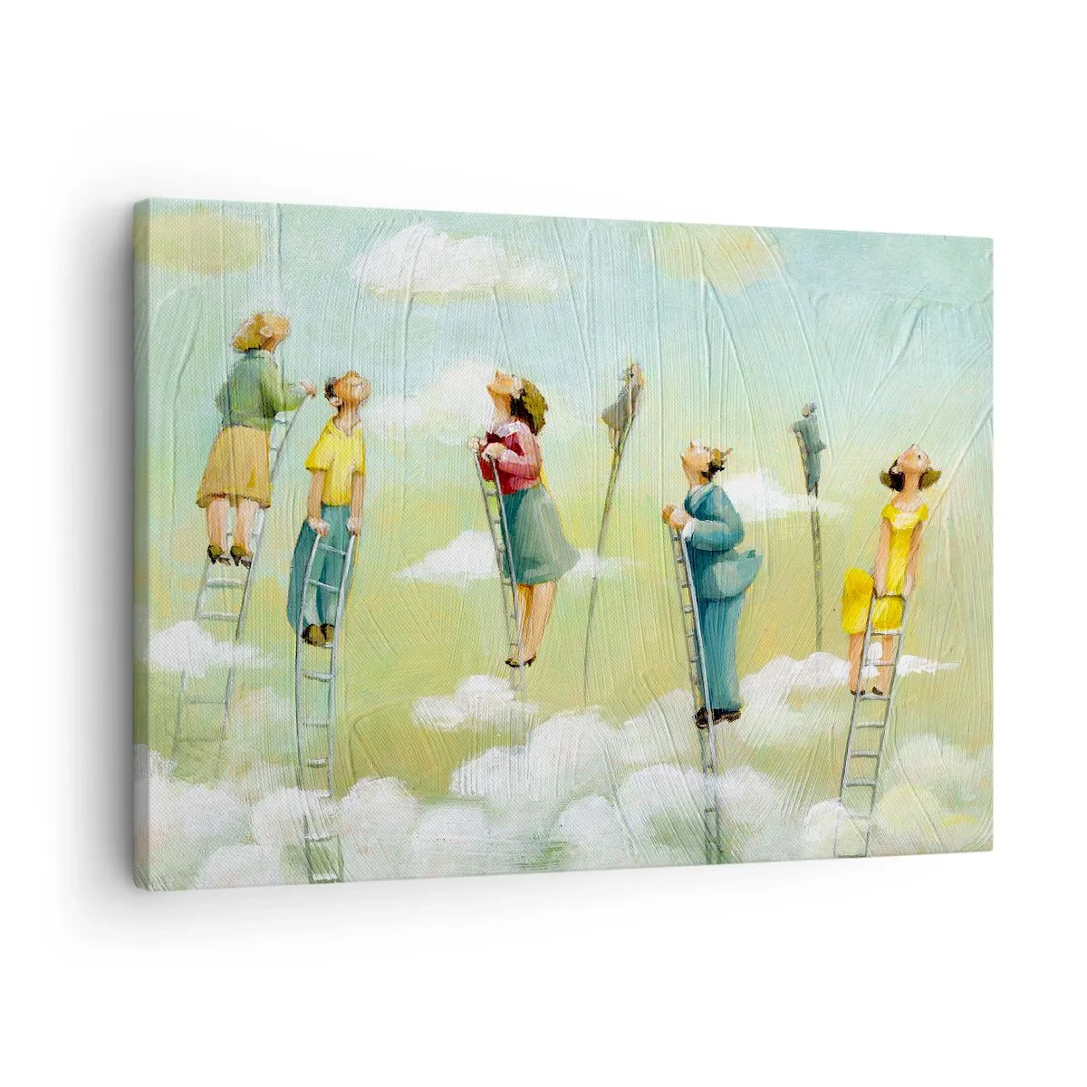 Bild auf Leinwand - Leinwandbild - Figuren, die auf pastellfarbenem Hintergrund zwischen Wolken Leitern hochklettern. - 70x50cm - Hinter deinem Traum - Moderne Wanddekoration für Wohnzimmer und Schlafzimmer ARTTOR