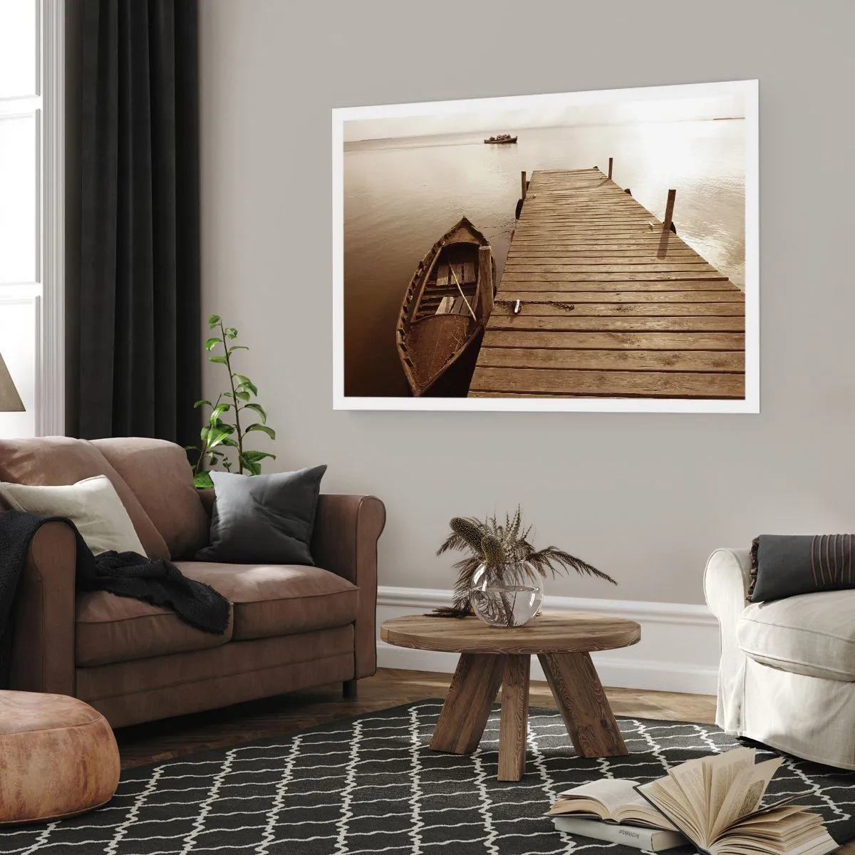 Poster - Holzsteg und Boot auf einem ruhigen See - 100x70cm - Großer Frieden - Moderne Wanddekoration für Wohnzimmer und Schlafzimmer ARTTOR