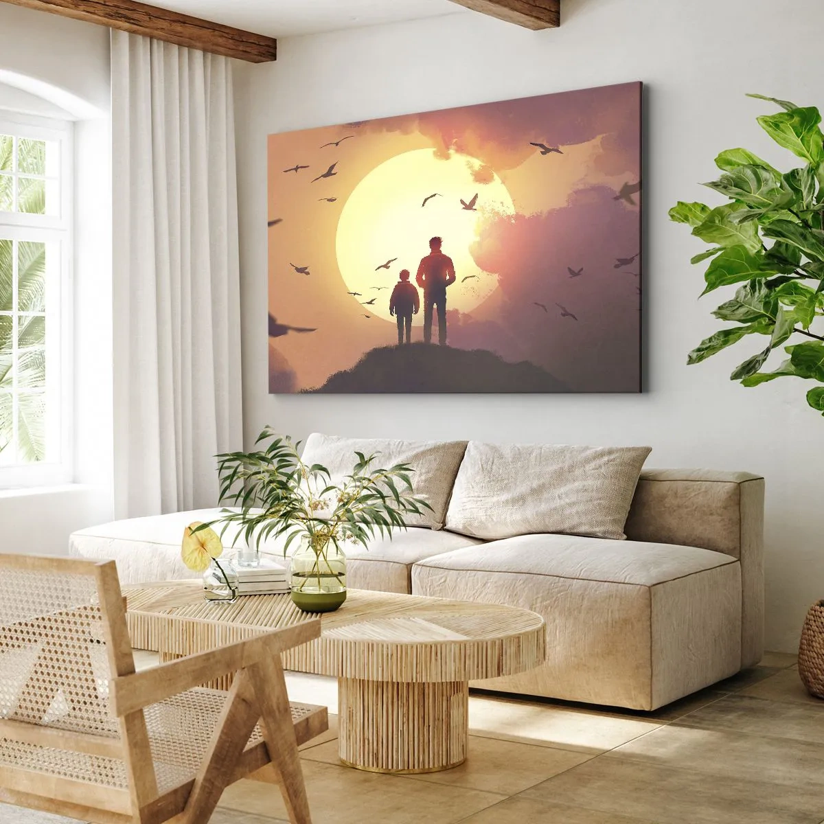 Bild auf Leinwand - Leinwandbild - Figuren vor dem Hintergrund der untergehenden Sonne - 120x80cm - Von Angesicht zu Angesicht mit der Sonne - Moderne Wanddekoration für Wohnzimmer und Schlafzimmer ARTTOR