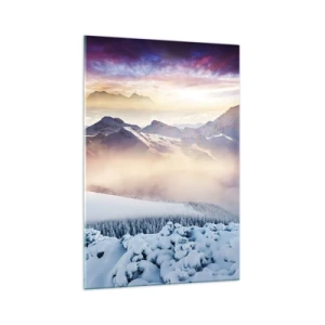 Glasbild - Bild auf glas - Schneebedeckte Berge im Morgengrauen mit einem farbenfrohen Himmel - 70x100cm - Die Kraft und Reinheit der Natur - Moderne Wanddekoration für Wohnzimmer und Schlafzimmer ARTTOR