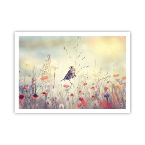 Poster - Ein Vogel vor dem Hintergrund einer bunten Wiese in Pastellfarben - 100x70cm - Vogelporträt mit einer Wiese im Hintergrund - Moderne Wanddekoration für Wohnzimmer und Schlafzimmer ARTTOR