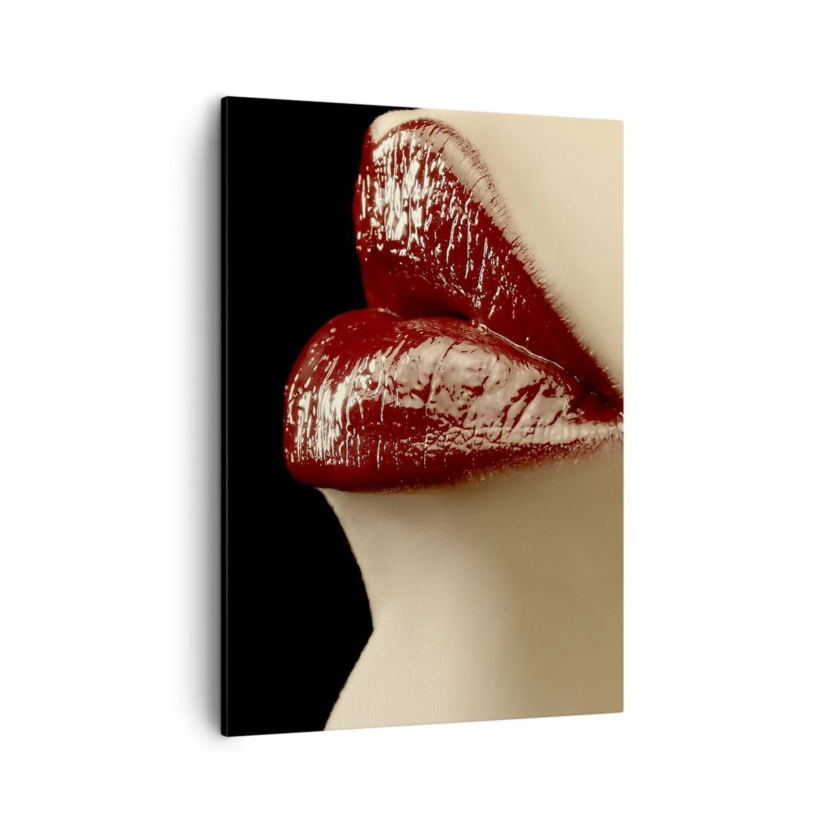 Bild auf Leinwand - Leinwandbild - Rote Lippen und Lippenstift auf schwarzem Hintergrund - 50x70cm - Sinnlichkeit und Brillanz von Karmin - Moderne Wanddekoration für Wohnzimmer und Schlafzimmer ARTTOR