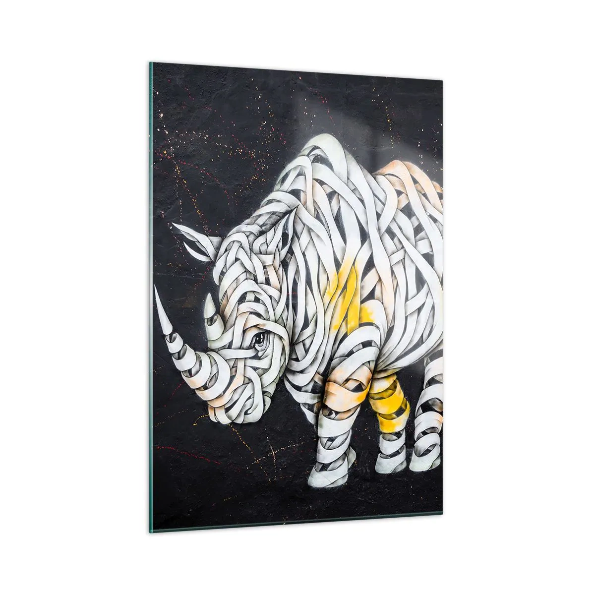 Glasbild - Bild auf glas - Abstrakte Zeichnung eines Nashorns in Form von Streifen - 50x70cm - Dicke Haut ist ein Mythos - Moderne Wanddekoration für Wohnzimmer und Schlafzimmer ARTTOR