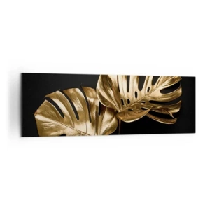 Bild auf Leinwand - Leinwandbild - Goldene Monstera-Blätter auf schwarzem Hintergrund - 160x50cm - Die Schätze der Natur - Moderne Wanddekoration für Wohnzimmer und Schlafzimmer ARTTOR