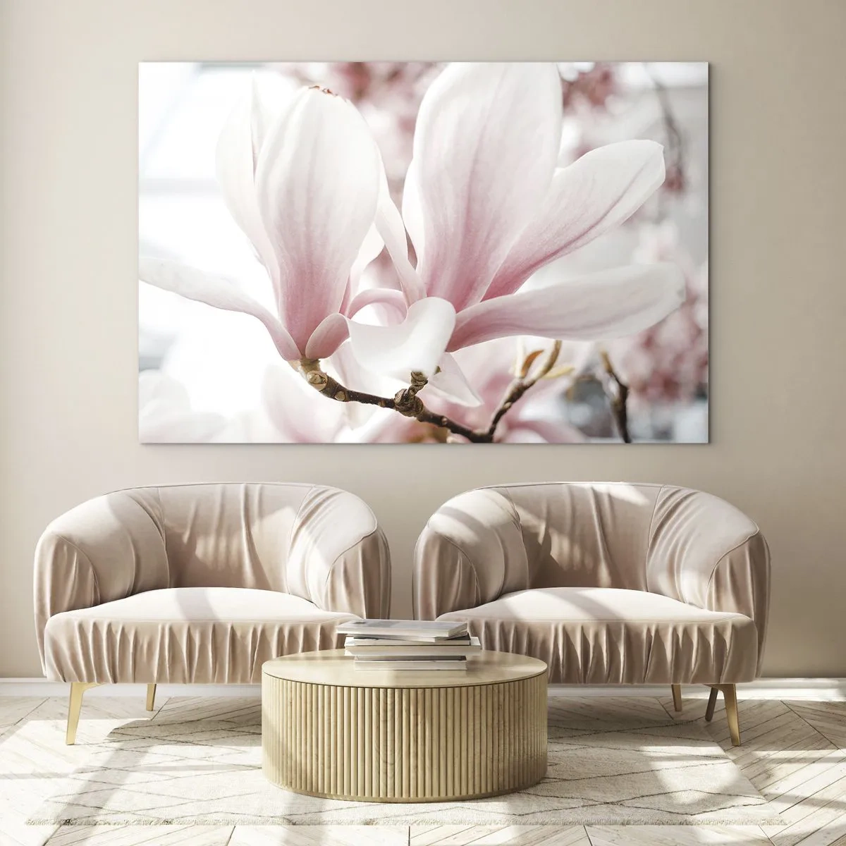 Glasbild - Bild auf glas - Zarte rosa Magnolien in Nahaufnahme vor unscharfem Hintergrund - 120x80cm - Eine Fülle von Zärtlichkeit - Moderne Wanddekoration für Wohnzimmer und Schlafzimmer ARTTOR
