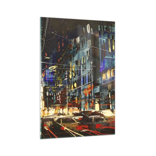 Glasbild - Bild auf glas - Stadtnachtszene mit Neonlichtern - 70x100cm - Abendlicher Straßentrubel - Moderne Wanddekoration für Wohnzimmer und Schlafzimmer ARTTOR