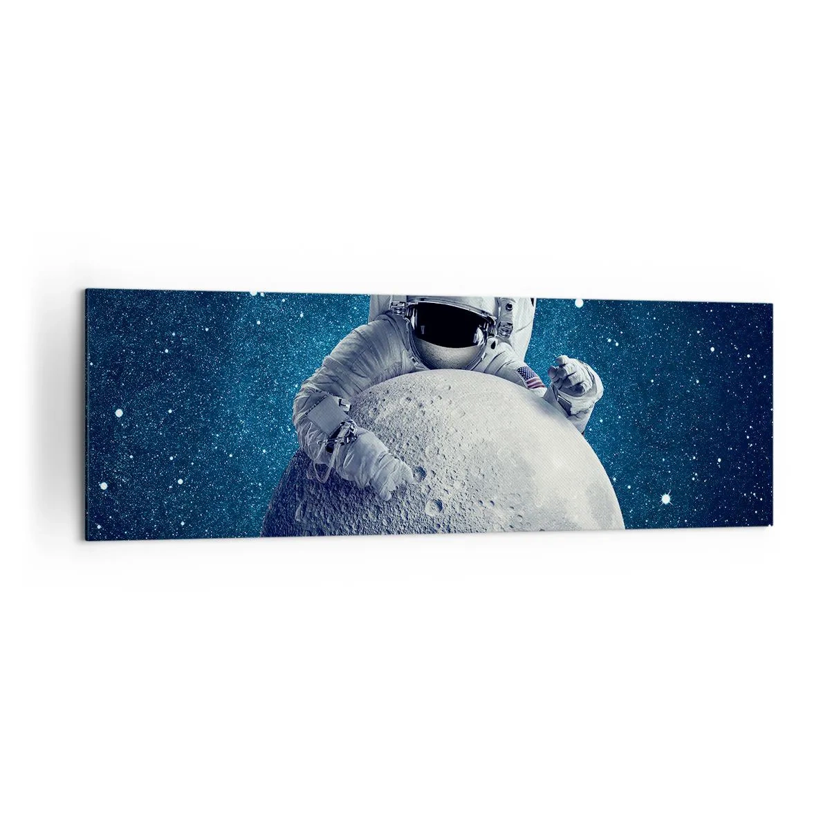 Bild auf Leinwand - Leinwandbild - Astronaut hält den Mond vor einem Sternenhimmel - 160x50cm - Weltraumjoker - Moderne Wanddekoration für Wohnzimmer und Schlafzimmer ARTTOR