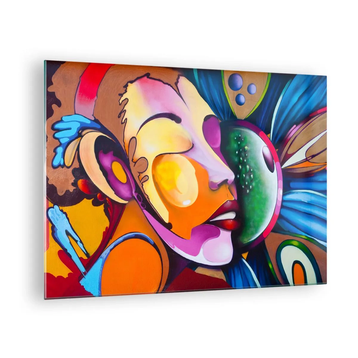 Glasbild - Bild auf glas - Bunte Abstraktion von Gesichtern im Street-Art-Stil - 70x50cm - Mit Farbe berühren - Moderne Wanddekoration für Wohnzimmer und Schlafzimmer ARTTOR