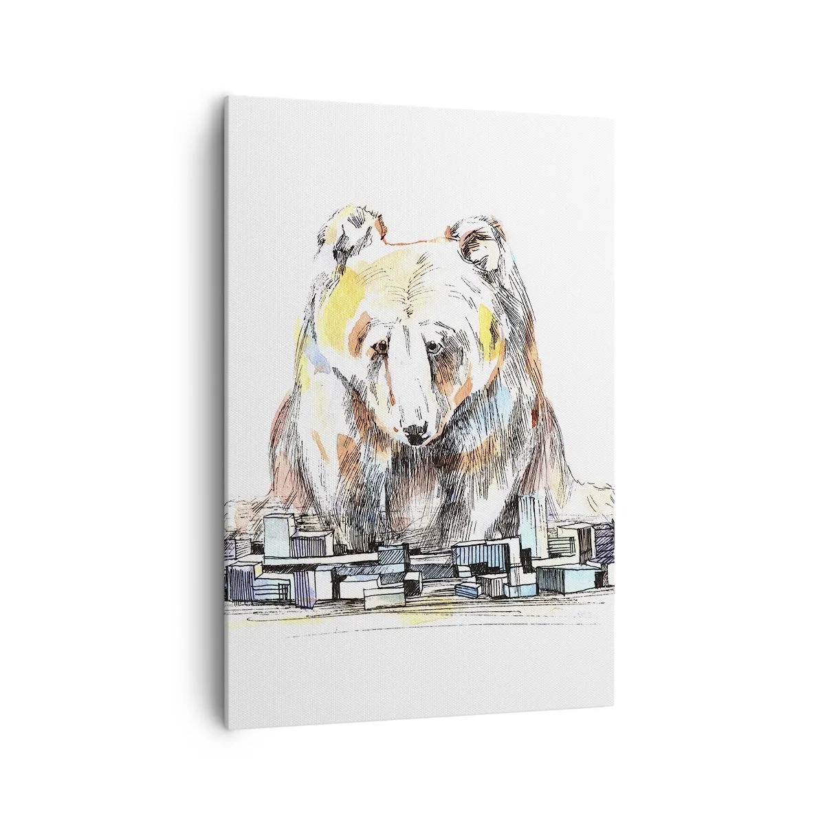Bild auf Leinwand - Leinwandbild - Illustration eines Bären mit bunten Details und Blöcken - 70x100cm - Wie kann man so leben? - Moderne Wanddekoration für Wohnzimmer und Schlafzimmer ARTTOR
