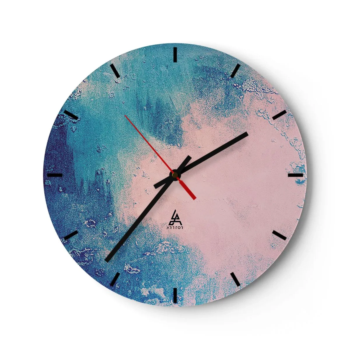Wanduhr - Glasuhr - Abstrakte Komposition in Blau- und Rosatönen - 30x30cm - Himmelsblaue Umarmungen - Moderne Wanddekoration für Wohnzimmer, Küche und Schlafzimmer ARTTOR