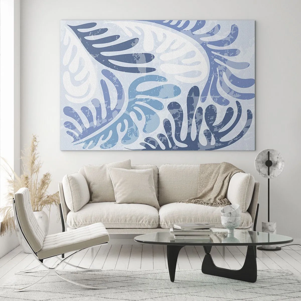 Glasbild - Bild auf glas - Dekorative Farnblätter in Blautönen auf hellem Untergrund - 120x80cm - Blaue Farne - Moderne Wanddekoration für Wohnzimmer und Schlafzimmer ARTTOR