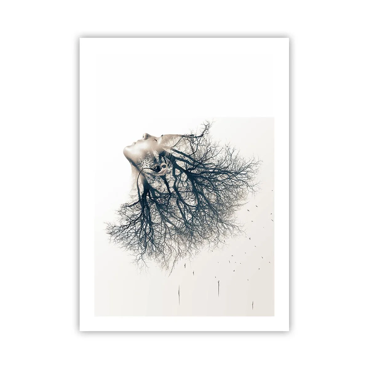Poster - Das Gesicht einer Frau mit Zweigen, die Haare in einem surrealen Stil bilden. - 50x70cm - Dem Rauschen der Bäume lauschen - Moderne Wanddekoration für Wohnzimmer und Schlafzimmer ARTTOR