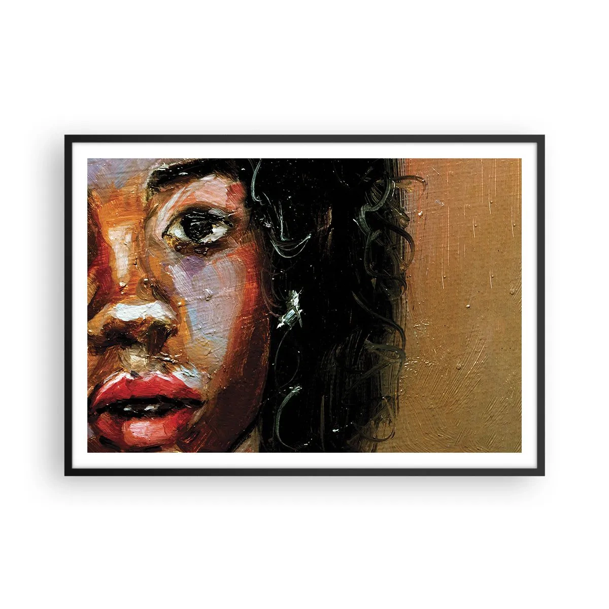 Poster in einem schwarzem Rahmen - Ein ausdrucksstarkes Frauenporträt in intensiven Farben. - 100x70cm - Schwarz und Glanz - Moderne Wanddekoration für Wohnzimmer und Schlafzimmer ARTTOR
