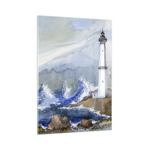 Glasbild - Bild auf glas - Ein Leuchtturm an stürmischer See im Aquarellstil - 50x70cm - Gegen die Dunkelheit und den Sturm - Moderne Wanddekoration für Wohnzimmer und Schlafzimmer ARTTOR