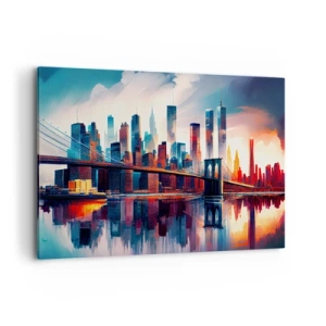 Bild auf Leinwand - Leinwandbild - New York City Panorama mit Brücke und Spiegelung im Wasser - 120x80cm - Traumhaftes New York - Moderne Wanddekoration für Wohnzimmer und Schlafzimmer ARTTOR