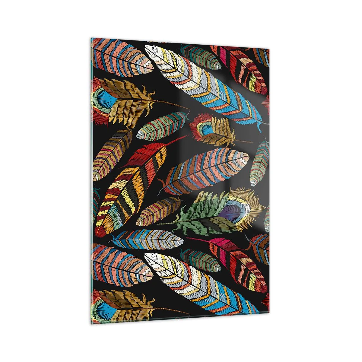 Glasbild - Bild auf glas - Bunte Federn auf dunklem Hintergrund in einem künstlerischen Muster - 50x70cm - Der Vogelkarneval - Moderne Wanddekoration für Wohnzimmer und Schlafzimmer ARTTOR