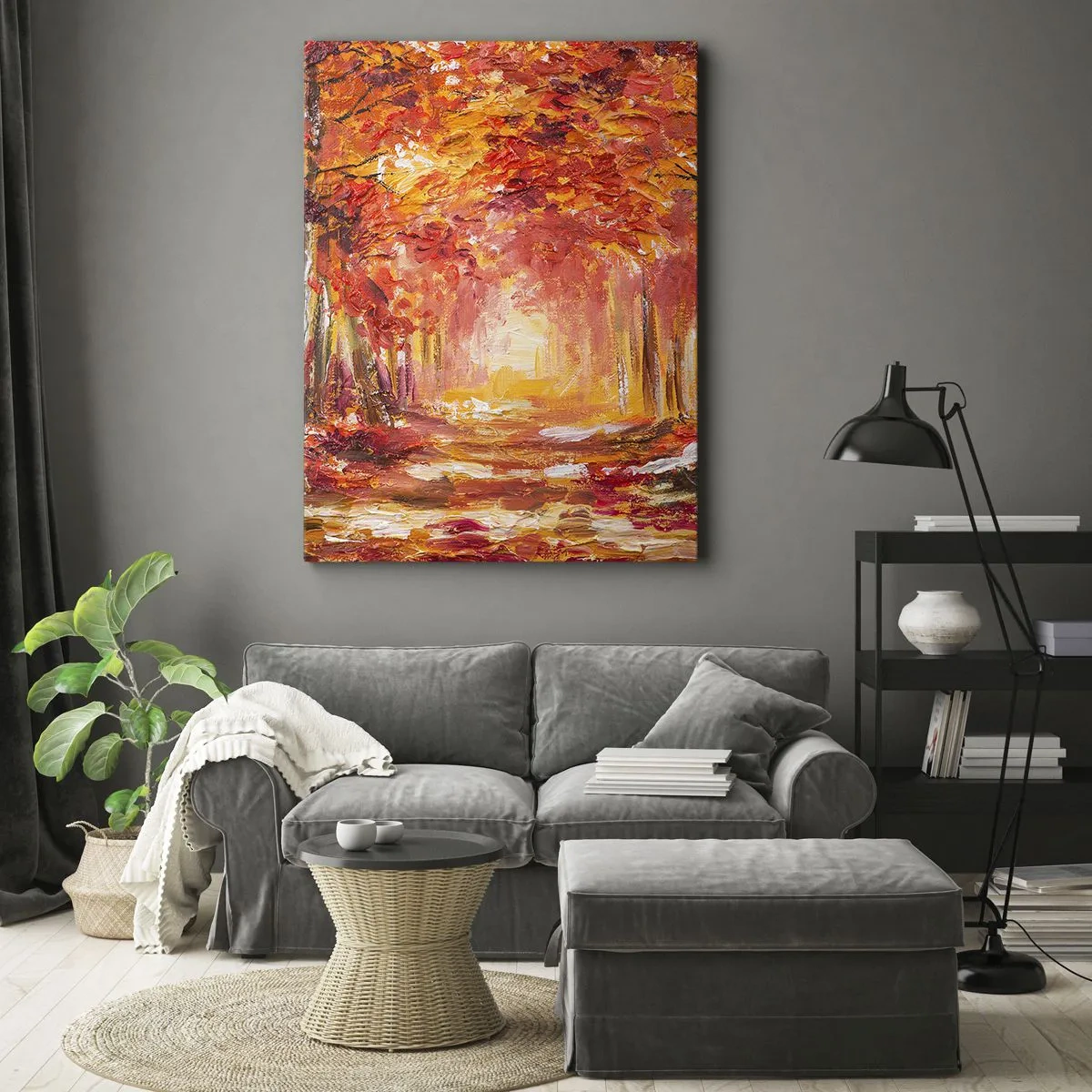 Bild auf Leinwand - Leinwandbild - Herbstwald in Kupfer- und Goldtönen - 50x70cm - Kupferwald - Moderne Wanddekoration für Wohnzimmer und Schlafzimmer ARTTOR