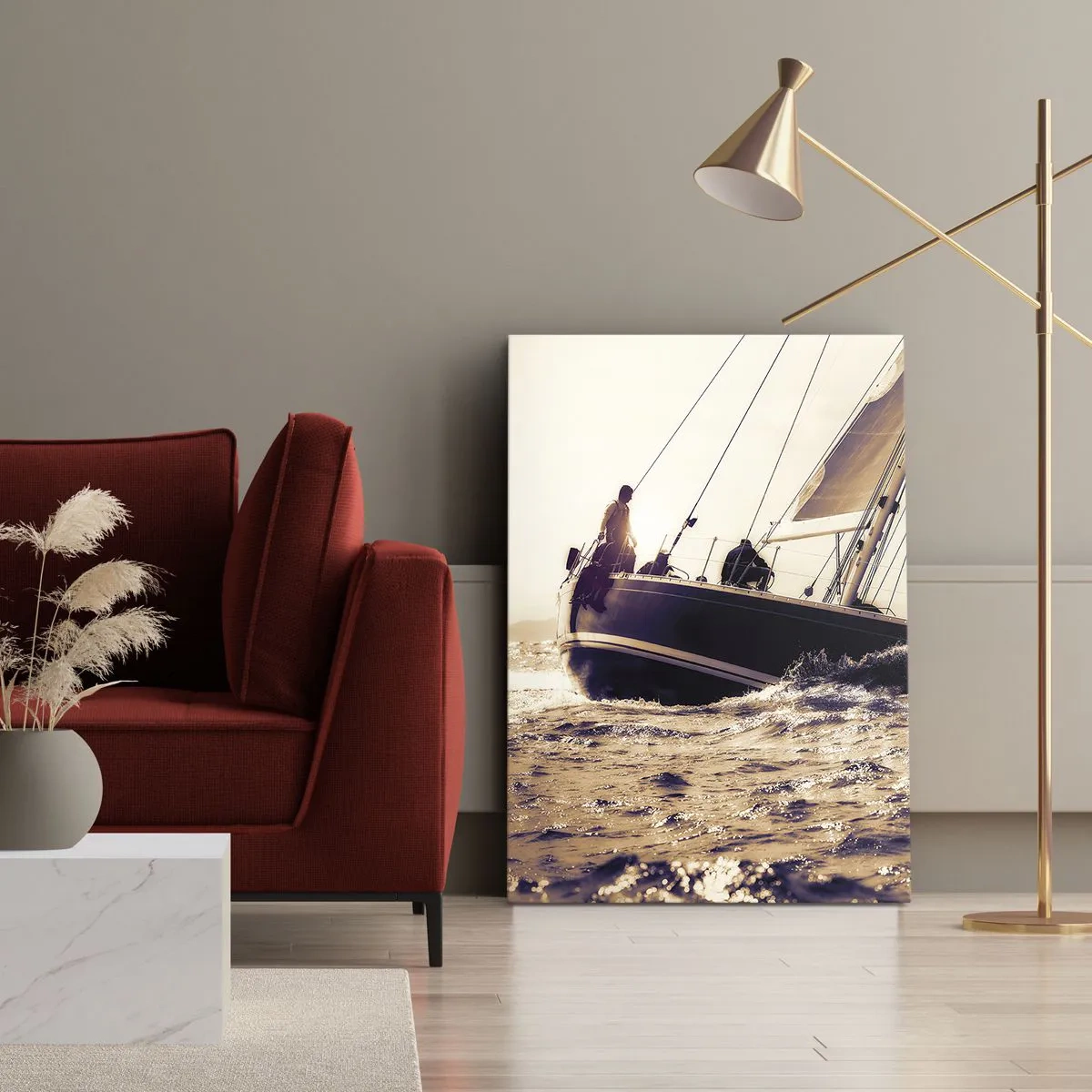 Bild auf Leinwand - Leinwandbild - Eine Yacht auf stürmischer See im Licht der untergehenden Sonne - 50x70cm - Segle, Seemann - Moderne Wanddekoration für Wohnzimmer und Schlafzimmer ARTTOR
