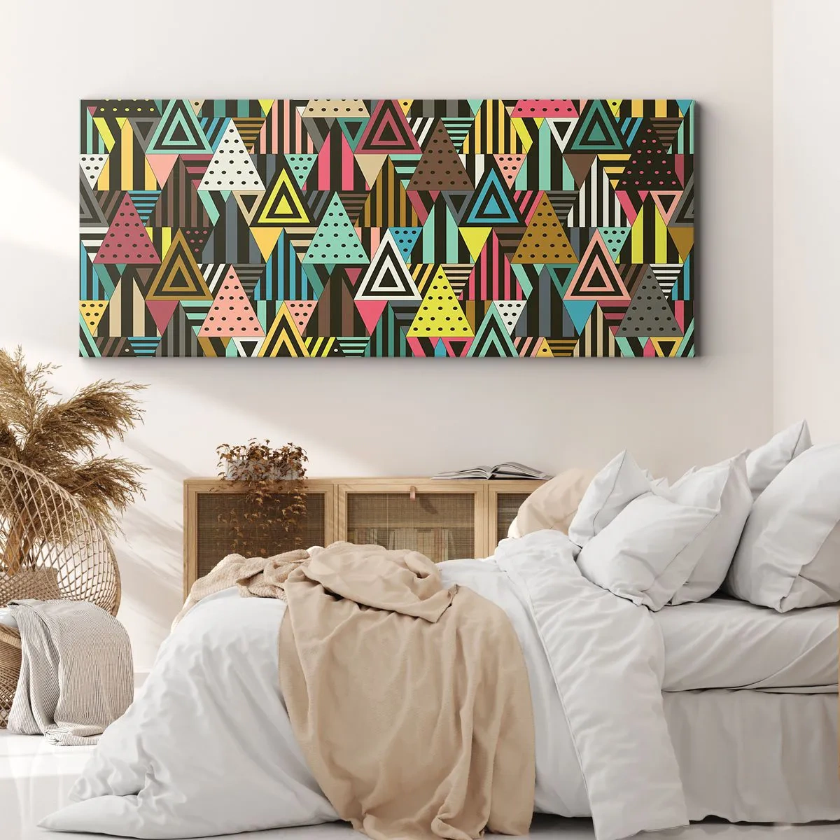 Bild auf Leinwand - Leinwandbild - Buntes geometrisches Muster mit Dreiecken und Linien - 120x50cm - Im Rhythmus auf drei - Moderne Wanddekoration für Wohnzimmer und Schlafzimmer ARTTOR