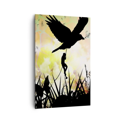 Bild auf Leinwand - Leinwandbild - Natursilhouette mit einem Vogel und einem Löwenzahn - 80x120cm - In märchenhafter Atmosphäre - Moderne Wanddekoration für Wohnzimmer und Schlafzimmer ARTTOR