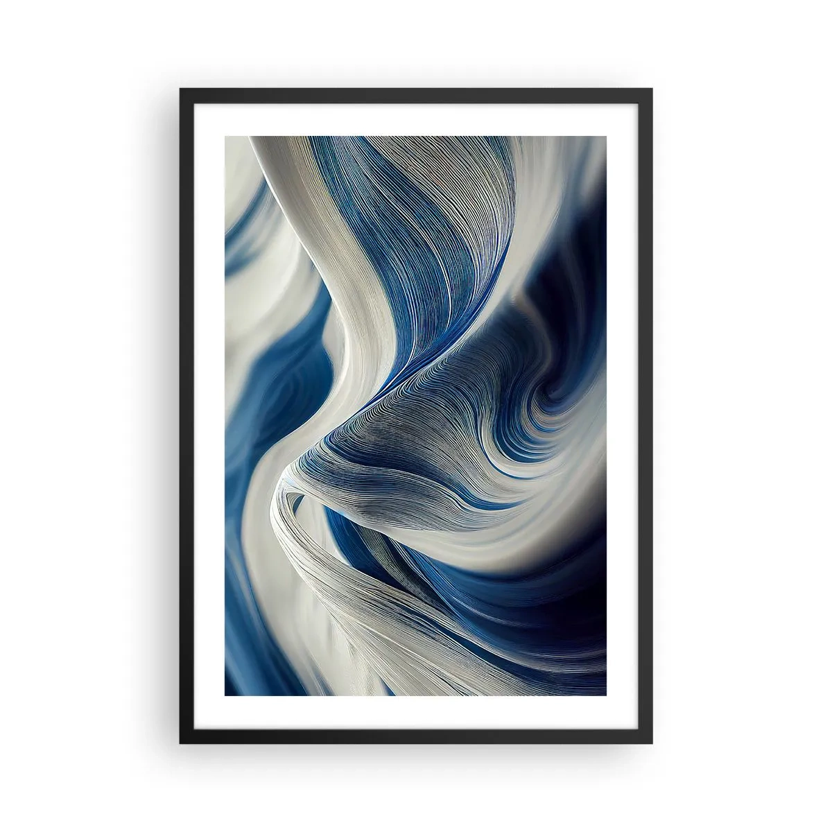 Poster in einem schwarzem Rahmen - Abstrakte Wellen in Marineblau- und Weißtönen - 50x70cm - Fließfähigkeit von Blau und Weiß - Moderne Wanddekoration für Wohnzimmer und Schlafzimmer ARTTOR