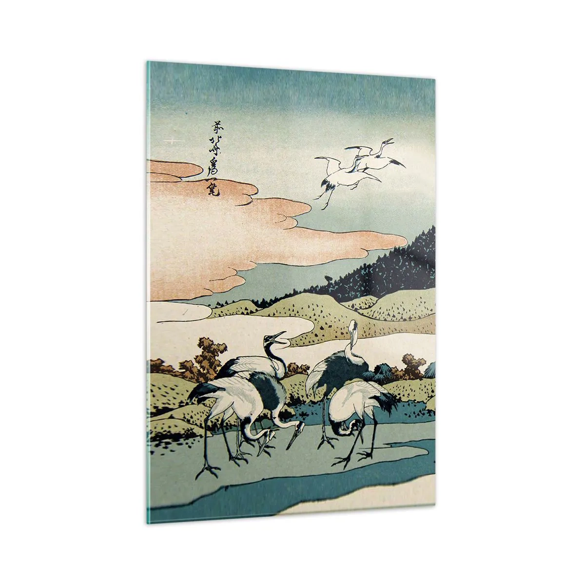 Glasbild - Bild auf glas - Ein Gemälde von Vögeln in einer japanischen Landschaft mit Blick auf den Berg Fuji. - 50x70cm - Im japanischen Geist - Moderne Wanddekoration für Wohnzimmer und Schlafzimmer ARTTOR