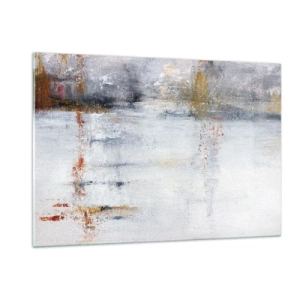Glasbild - Bild auf glas - Ein abstraktes Gemälde mit einer subtilen Kombination aus Grau, Weiß und Gold. - 120x80cm - Hinter dem Luftvorhang - Moderne Wanddekoration für Wohnzimmer und Schlafzimmer ARTTOR