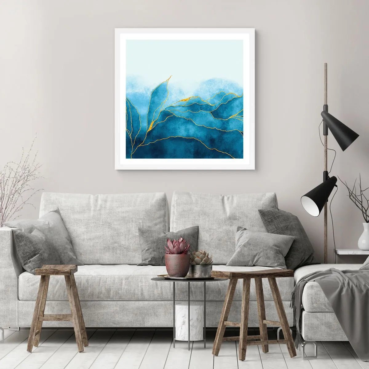 Poster in einem weißen Rahmen - Blau im Gold - 60x60 cm