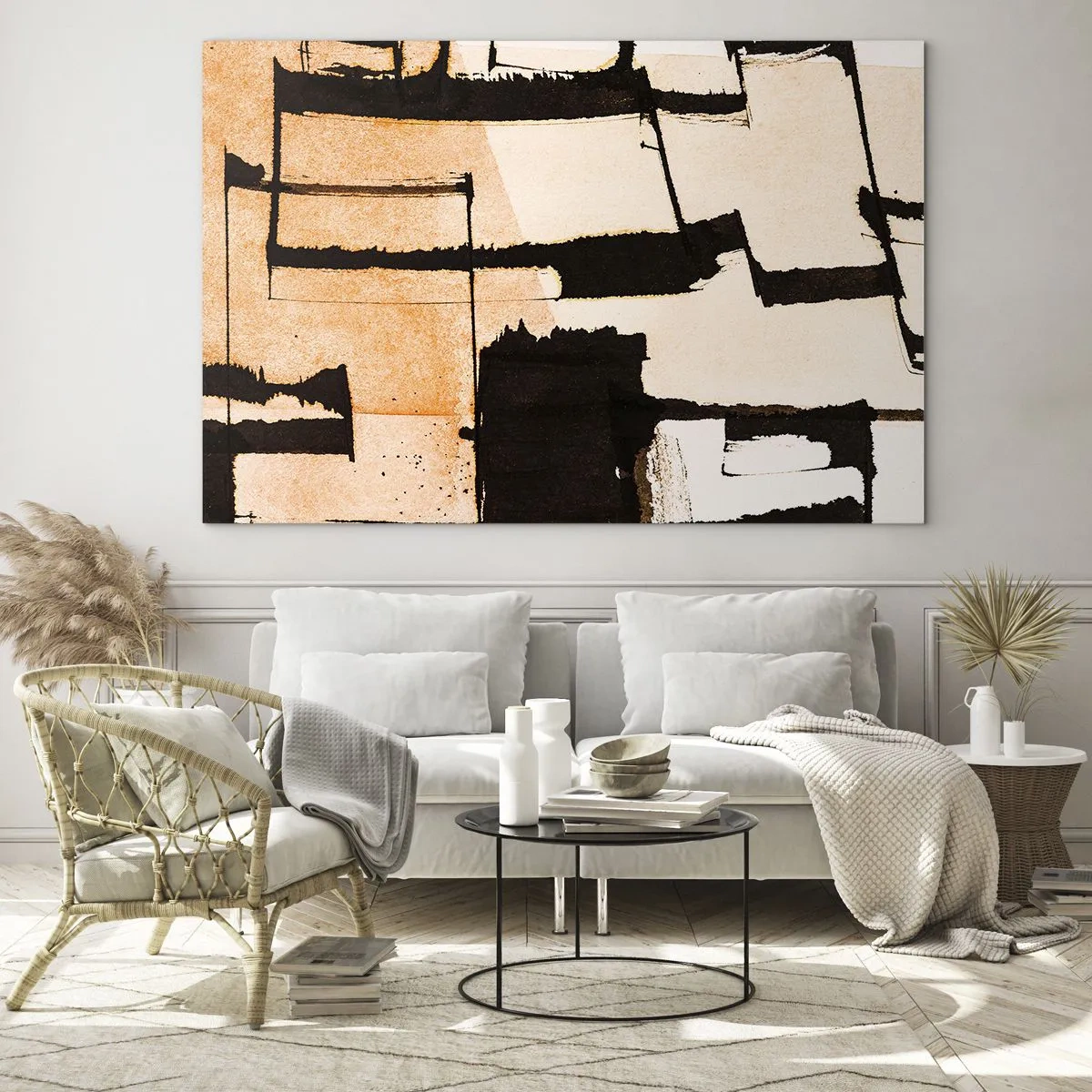 Glasbild - Bild auf glas - Geometrische Abstraktion in Beige- und Schwarztönen - 70x50cm - Also doch Ordnung - Moderne Wanddekoration für Wohnzimmer und Schlafzimmer ARTTOR