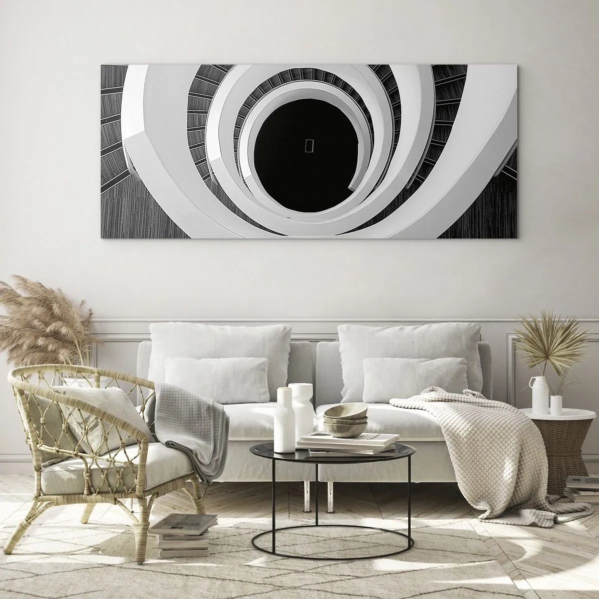 Glasbild - Bild auf glas - Schwarz-weiße Wendeltreppe im modernen Stil - 120x50cm - Zum Kern der Sache - Moderne Wanddekoration für Wohnzimmer und Schlafzimmer ARTTOR
