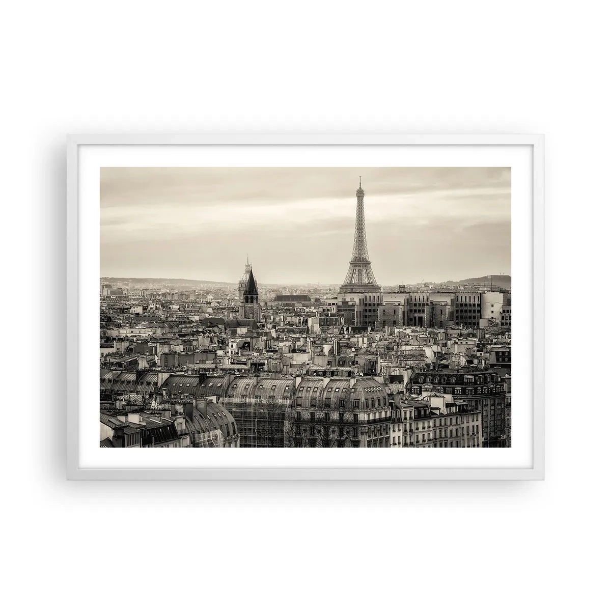 Poster in einem weißen Rahmen - Über den Dächern von Paris - 70x50 cm