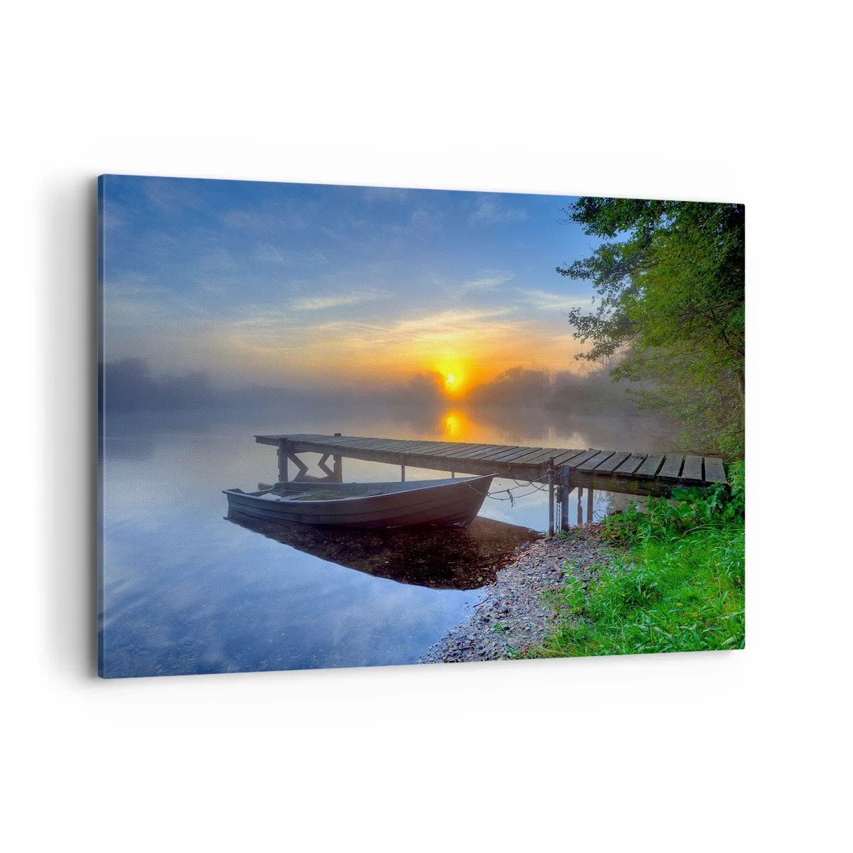 Bild auf Leinwand - Leinwandbild - Ein Seesteg bei Sonnenaufgang mit einem Boot am Ufer - 100x70cm - Wie aus Gewöhnlichem Magie wird - Moderne Wanddekoration für Wohnzimmer und Schlafzimmer ARTTOR