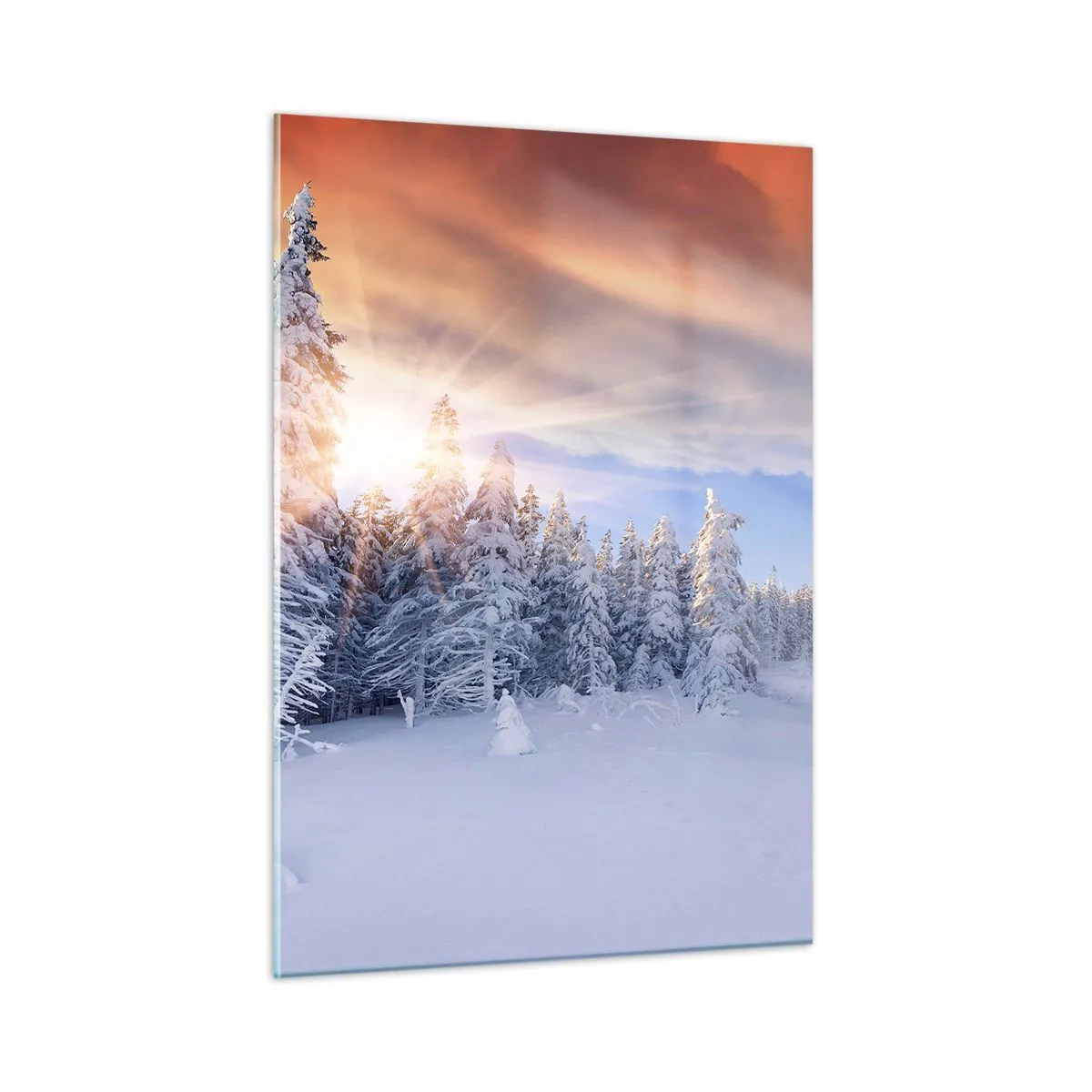 Glasbild - Bild auf glas - Winterlandschaft mit schneebedeckten Bäumen bei Sonnenuntergang - 50x70cm - Ein verschneites Naturschauspiel - Moderne Wanddekoration für Wohnzimmer und Schlafzimmer ARTTOR