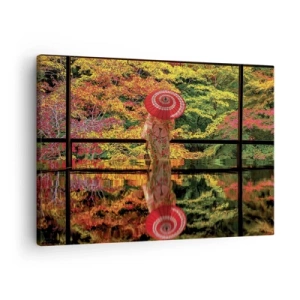 Bild auf Leinwand - Leinwandbild - Eine Frau im Kimono mit Regenschirm vor dem Hintergrund einer Herbstlandschaft. - 70x50cm - Im Tempel der Natur - Moderne Wanddekoration für Wohnzimmer und Schlafzimmer ARTTOR