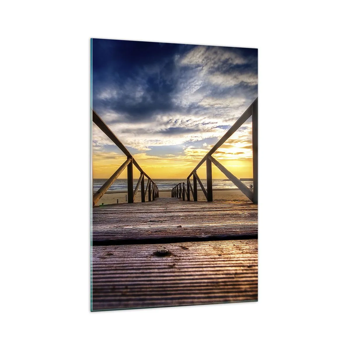 Glasbild - Bild auf glas - Holzsteg zum Strand bei Sonnenuntergang - 70x100cm - Direkt zum ruhigen Strand bei Sonnenuntergang - Moderne Wanddekoration für Wohnzimmer und Schlafzimmer ARTTOR
