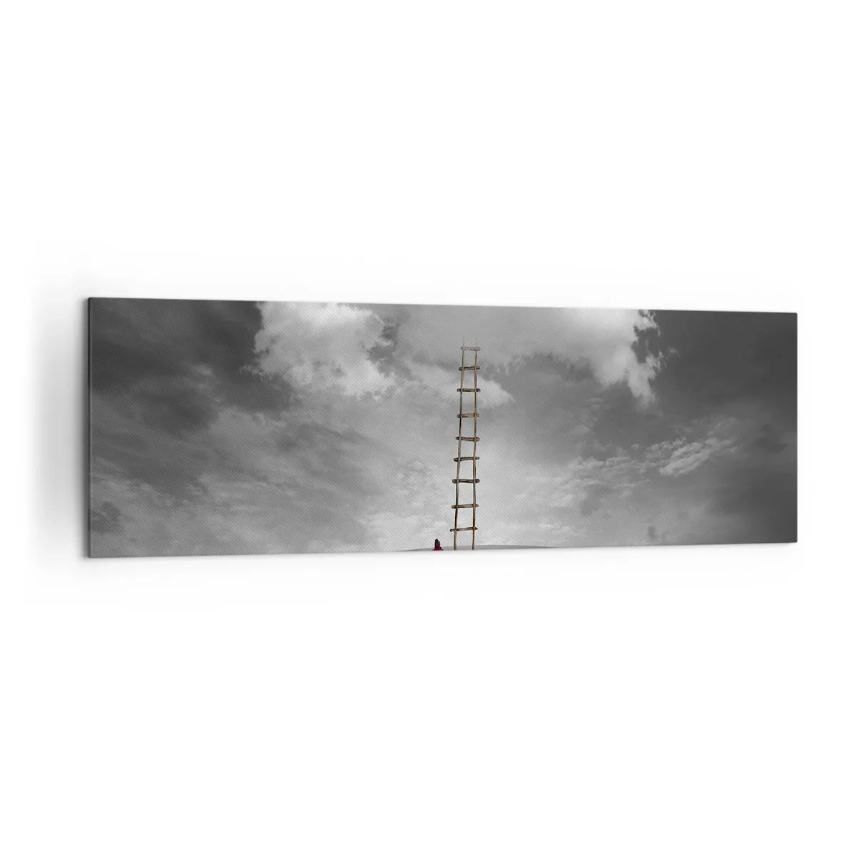 Bild auf Leinwand - Leinwandbild - Eine Person in einem roten Mantel und eine Leiter, die zu einer Wolke führt - 160x50cm - Alles ist möglich - Moderne Wanddekoration für Wohnzimmer und Schlafzimmer ARTTOR