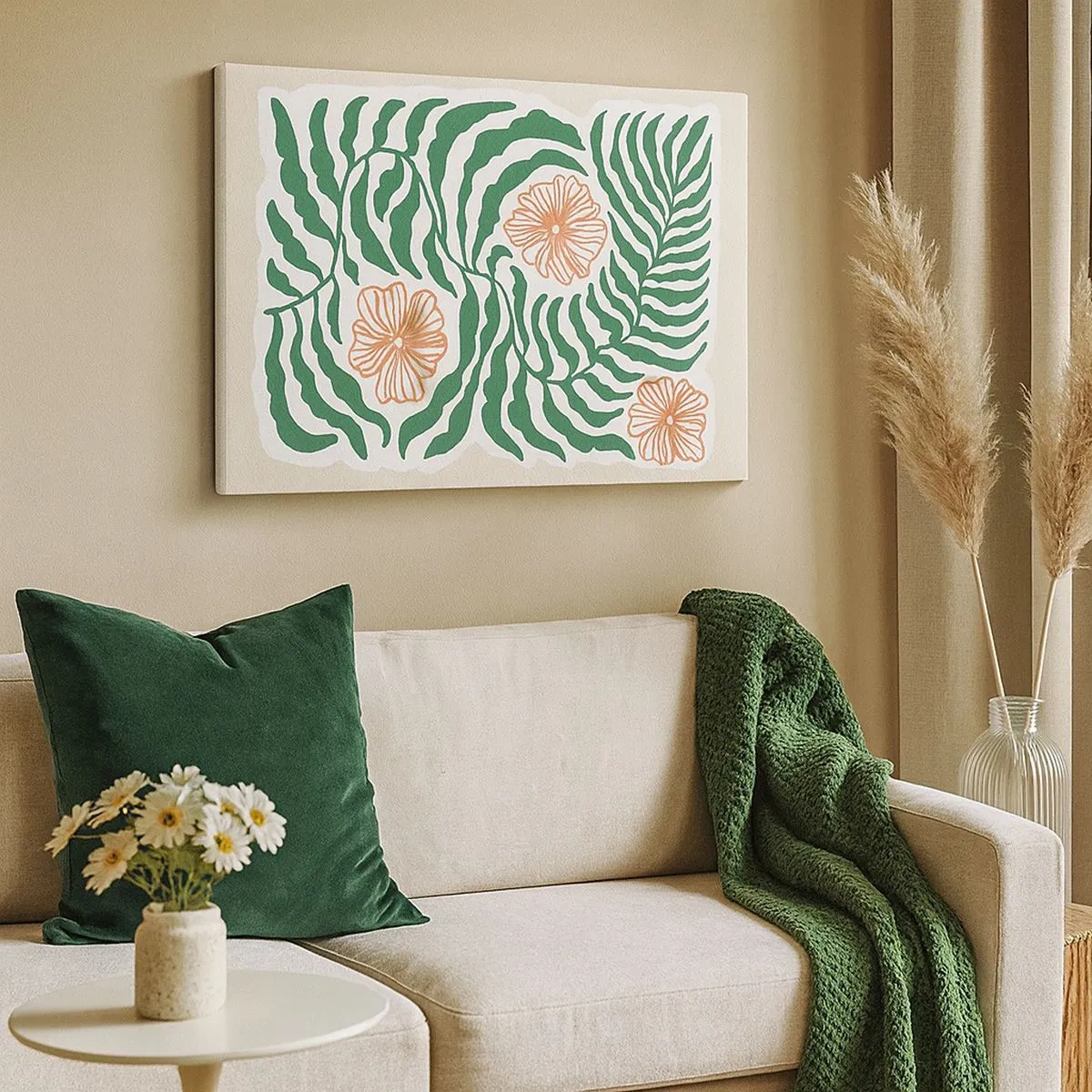 Bild auf Leinwand - Leinwandbild - Ein minimalistisches Motiv aus grünen Blättern mit Blüten in Orangetönen. - 70x50cm - Aufgeblüht in Grün - Moderne Wanddekoration für Wohnzimmer und Schlafzimmer ARTTOR