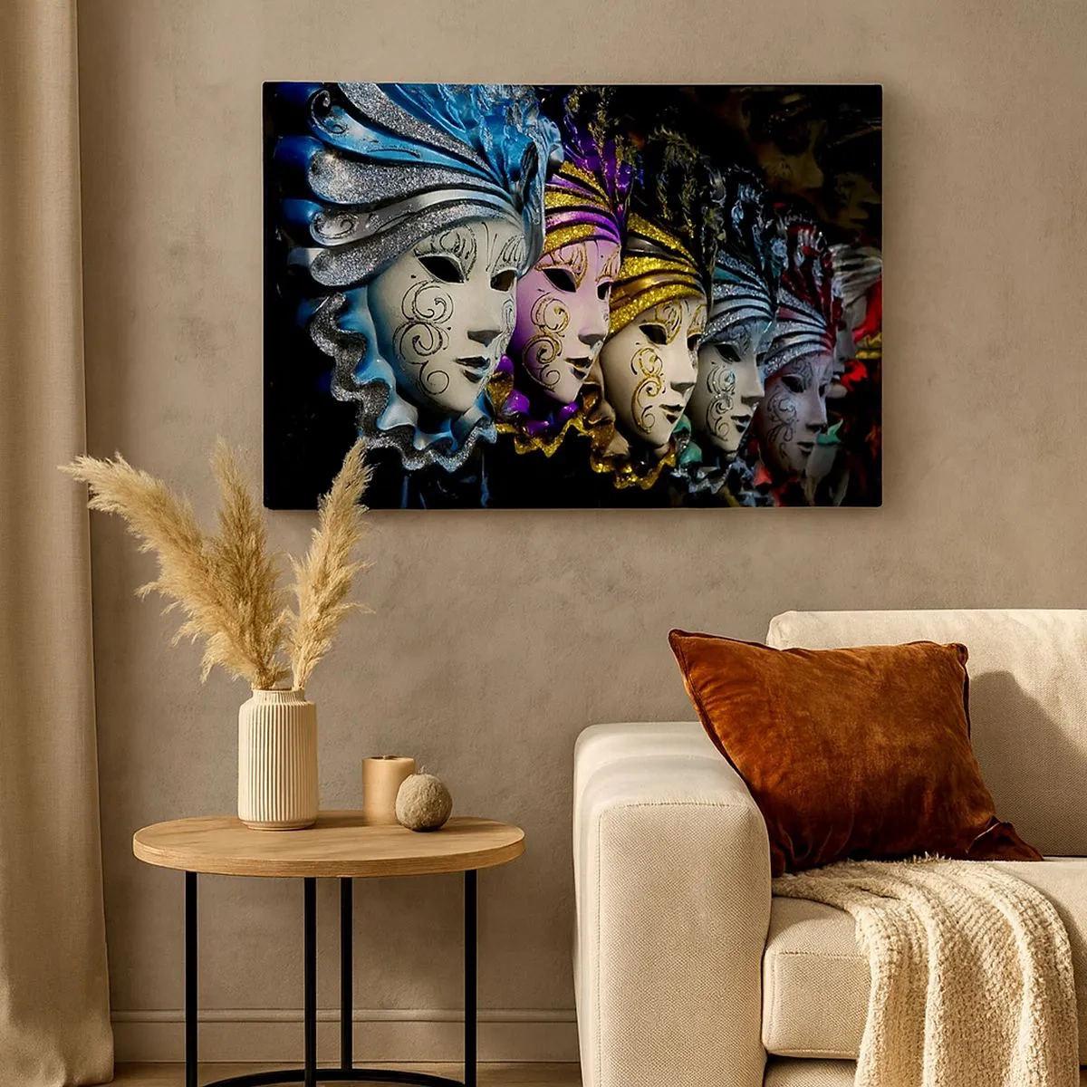 Bild auf Leinwand - Leinwandbild - Venezianische Masken in verschiedenen Farben mit dekorativen Mustern - 70x50cm - Geheimnis in Gold und Silber - Moderne Wanddekoration für Wohnzimmer und Schlafzimmer ARTTOR