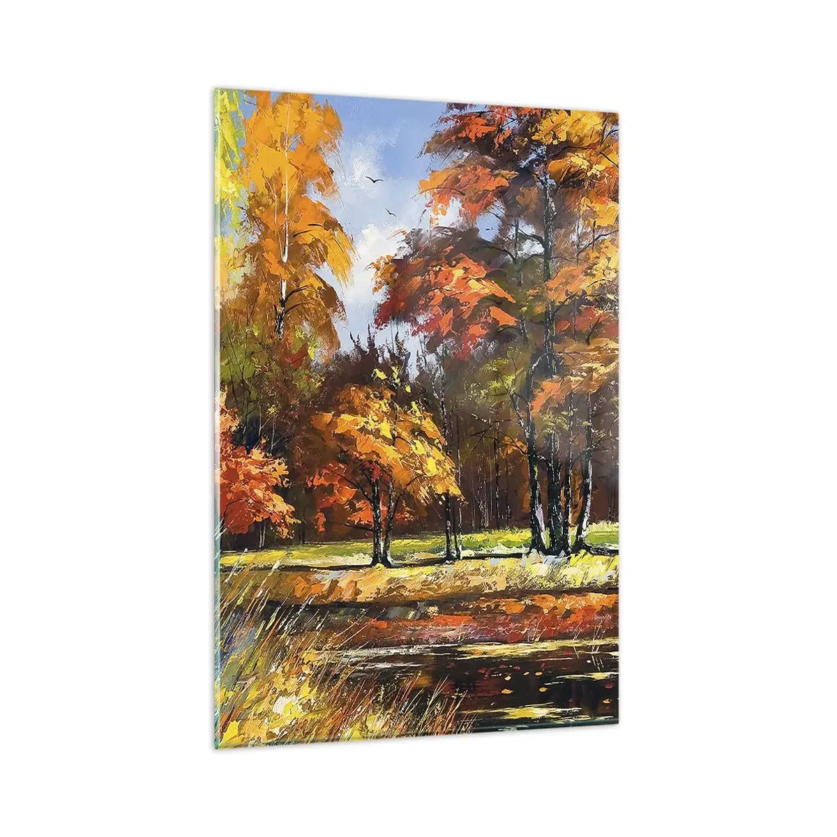 Glasbild - Bild auf glas - Herbstlandschaft mit bunten Bäumen und einem Teich - 80x120cm - Landschaft in Gold und Bronze - Moderne Wanddekoration für Wohnzimmer und Schlafzimmer ARTTOR