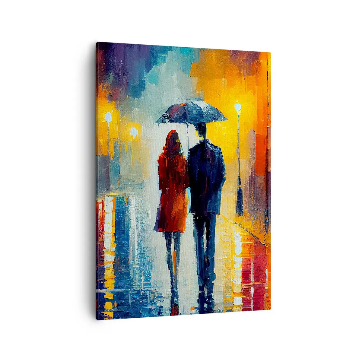 Bild auf Leinwand - Leinwandbild - Ein Paar unter einem Regenschirm, das durch eine farbenfrohe Nachtstadt spaziert - 50x70cm - Gemeinsam – eine bunte Nacht - Moderne Wanddekoration für Wohnzimmer und Schlafzimmer ARTTOR