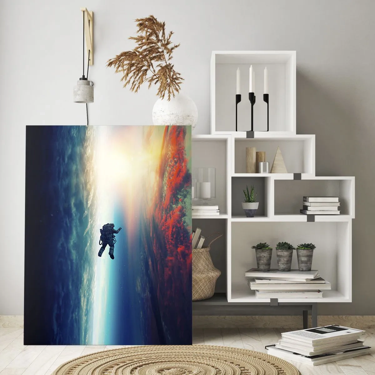 Glasbild - Bild auf glas - Ein Astronaut schwebt im Weltraum über einer bunten Erde - 80x120cm - Sich dem Universum stellen - Moderne Wanddekoration für Wohnzimmer und Schlafzimmer ARTTOR