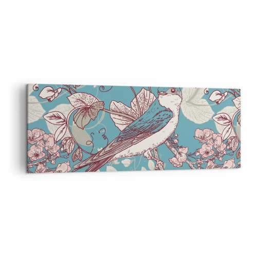 Bild auf Leinwand - Leinwandbild - Ein Vogel auf einem Ast in einem zarten Blumenstil - 140x50cm - Im Weißholz von Rot und Silber - Moderne Wanddekoration für Wohnzimmer und Schlafzimmer ARTTOR