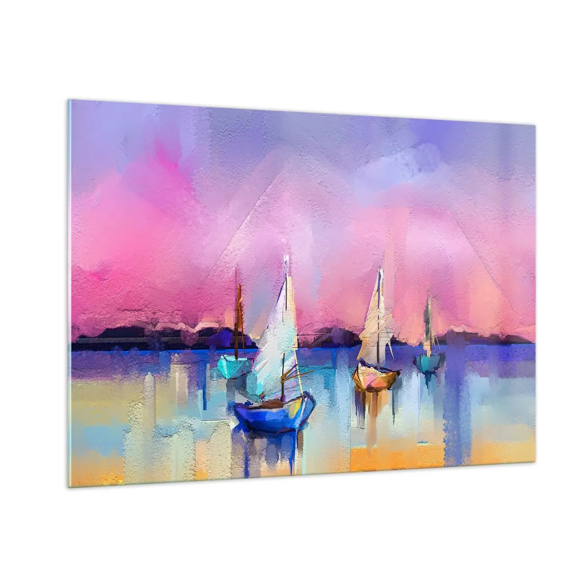 Glasbild - Bild auf glas - Abstrakter Yachthafen mit Segelbooten bei Sonnenuntergang - 100x70cm - Richtung: breites Wasser - Moderne Wanddekoration für Wohnzimmer und Schlafzimmer ARTTOR