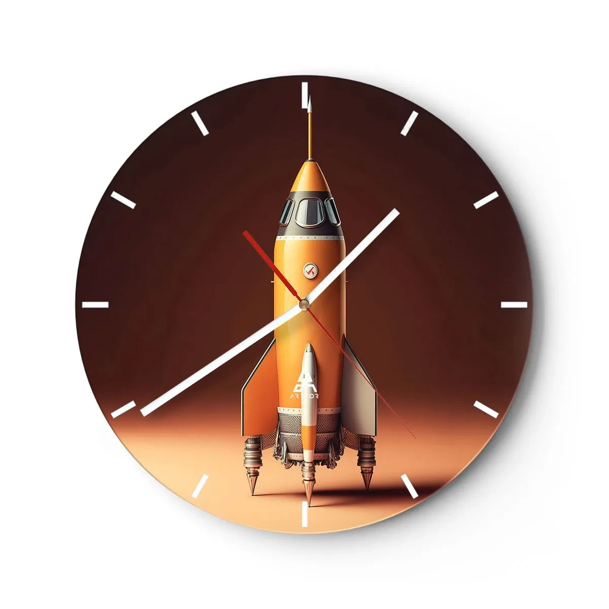 Wanduhr - Glasuhr - Eine orangefarbene Rakete, startbereit vor dunklem Hintergrund. - 30x30cm - Es beginnt mit einem Traum - Moderne Wanddekoration für Wohnzimmer, Küche und Schlafzimmer ARTTOR