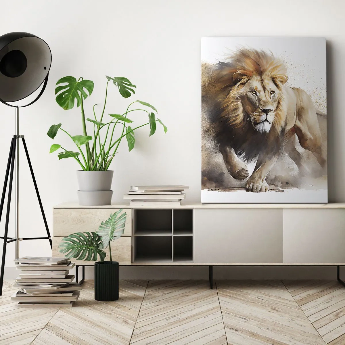 Bild auf Leinwand - Leinwandbild - Ein dynamisches Porträt eines Löwen in natürlichen Farben. - 50x70cm - Der König zog um - Moderne Wanddekoration für Wohnzimmer und Schlafzimmer ARTTOR