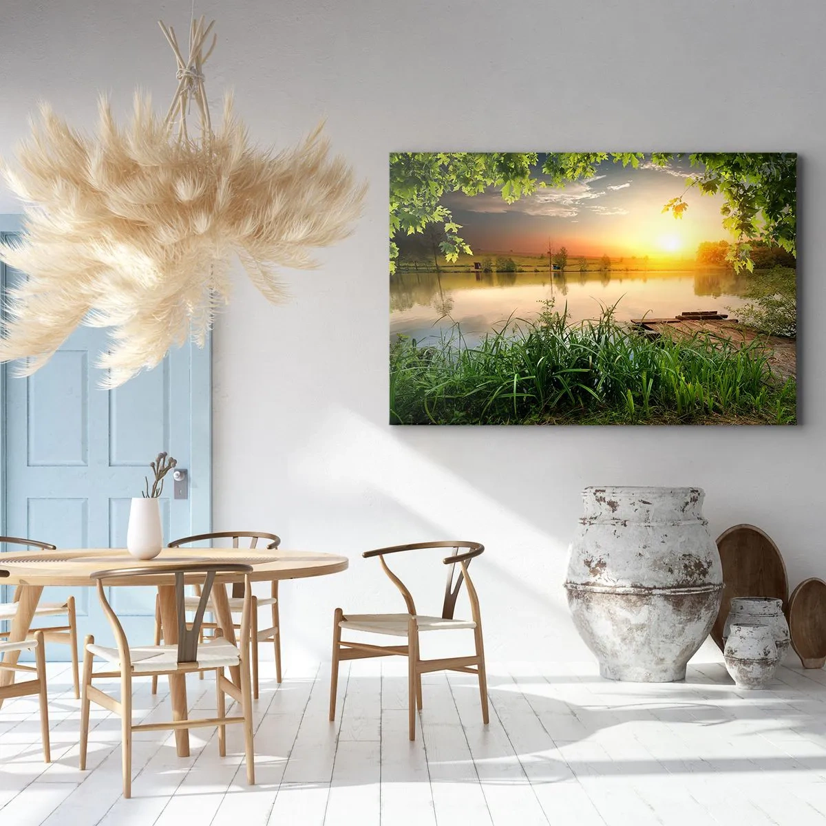 Bild auf Leinwand - Leinwandbild - Grüne Landschaft mit einem See bei Sonnenuntergang - 120x80cm - Landschaft in einem grünen Rahmen - Moderne Wanddekoration für Wohnzimmer und Schlafzimmer ARTTOR