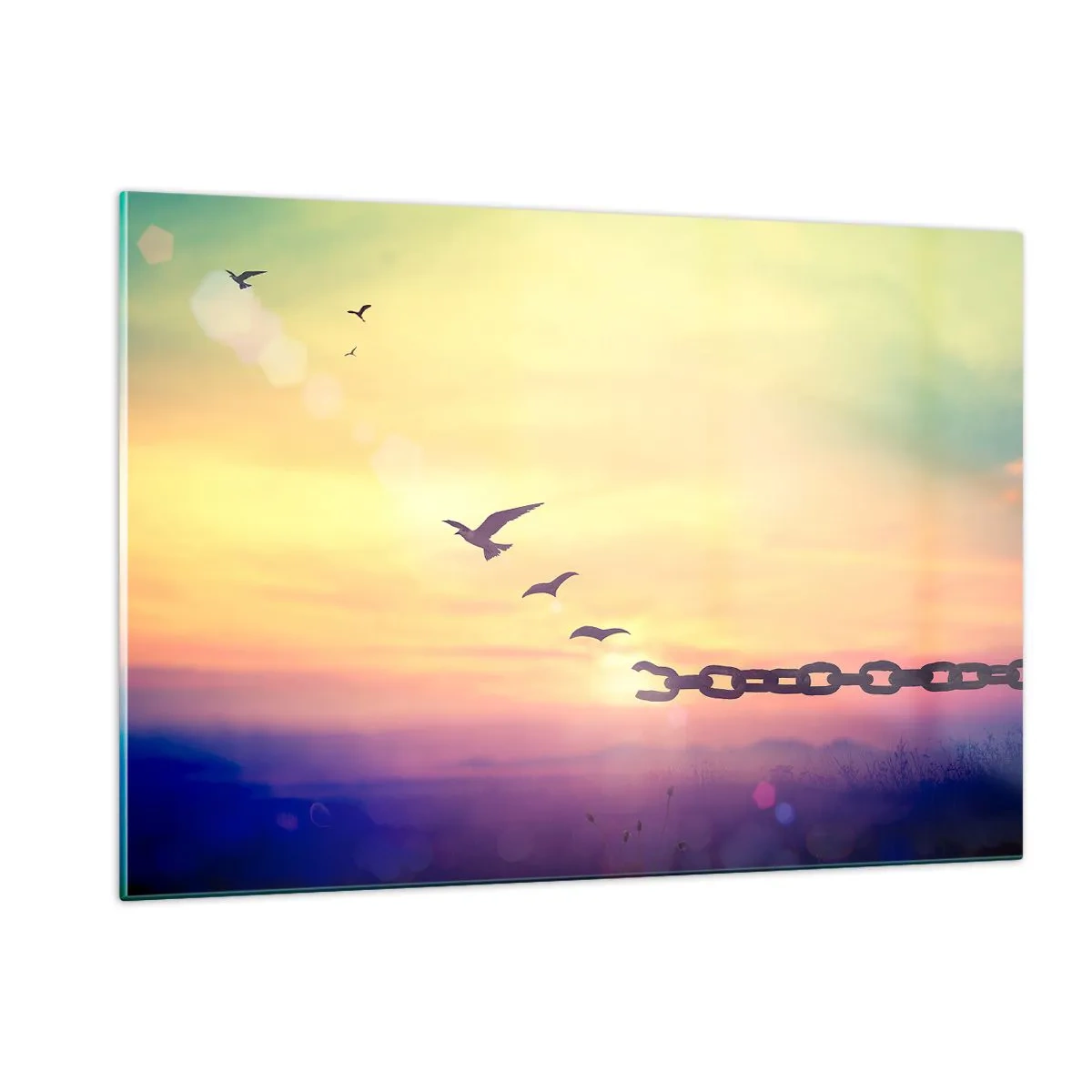 Glasbild - Bild auf glas - Vögel im Flug vor dem Hintergrund einer Kette und eines Sonnenuntergangs - 120x80cm - Der Sieg der Freiheit - Moderne Wanddekoration für Wohnzimmer und Schlafzimmer ARTTOR
