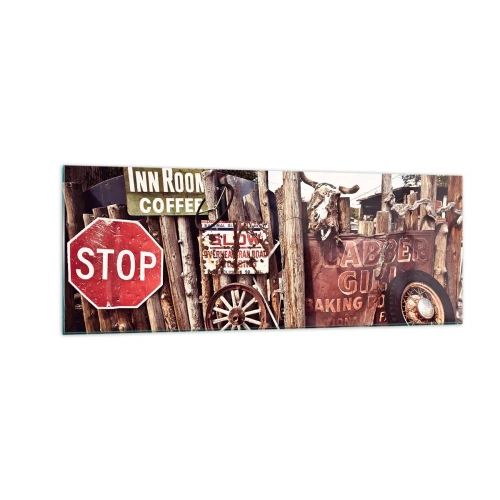 Glasbild - Bild auf glas - Rustikale Dekoration mit Schildern und einem Rad am Zaun - 140x50cm - Und die Zeit ist stehen geblieben - Moderne Wanddekoration für Wohnzimmer und Schlafzimmer ARTTOR